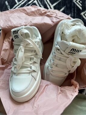 Miu Miu White Kids Leather Platform Sneakers